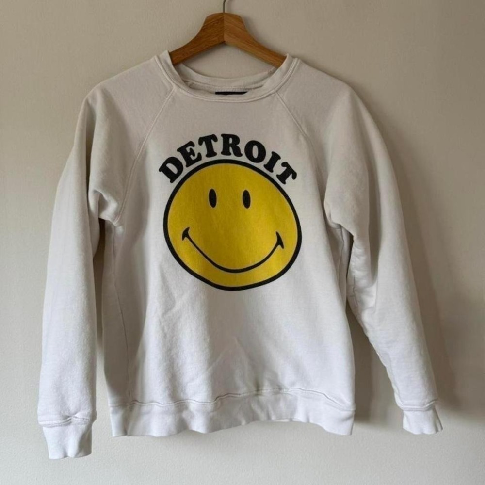 Smiley Detroit White Smiley Face Pull Over Crewneck Sz XS Retro 90s